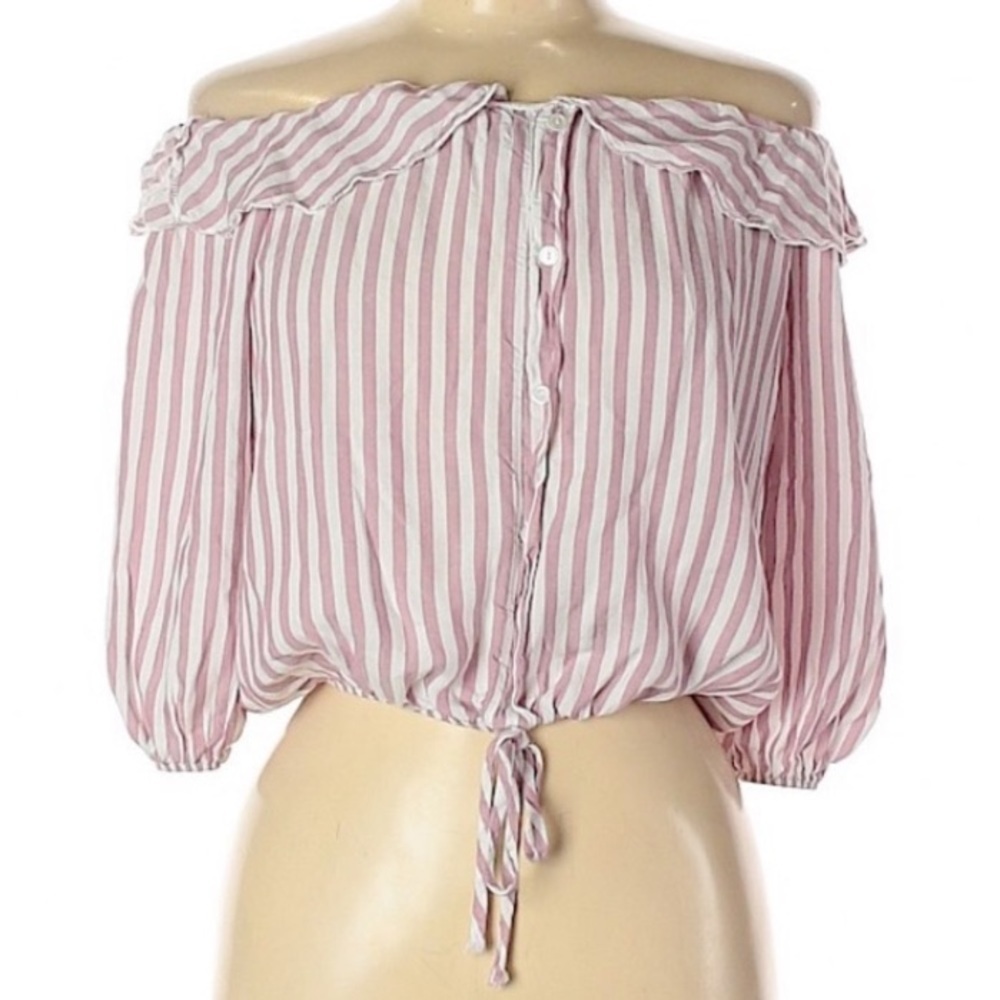 Pink Lemonade•striped off the shoulder 3/4 length button down crop top medium